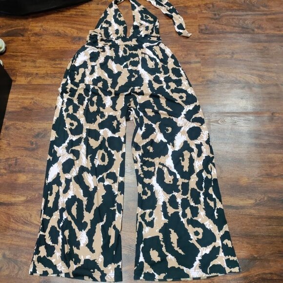 Diane Von Furstenberg Stylish Leopard Print Halter Neutral Jumpsuit Size Large - Picture 2 of 14